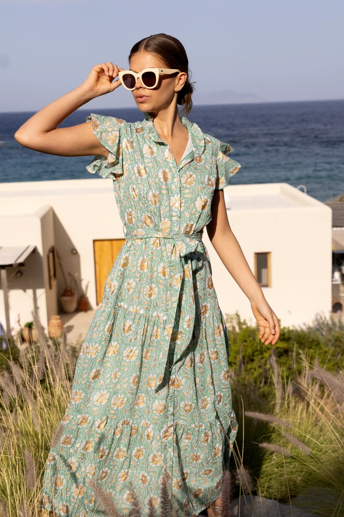 Ruffle Collar Button Maxi Dress
