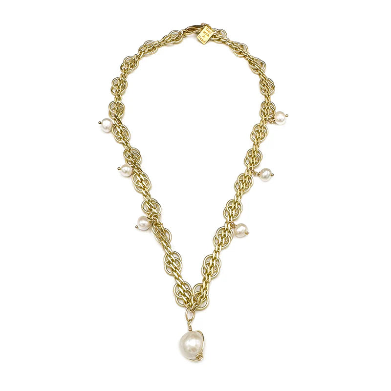 Matte Gold Curb Chain with round links & pearl drop