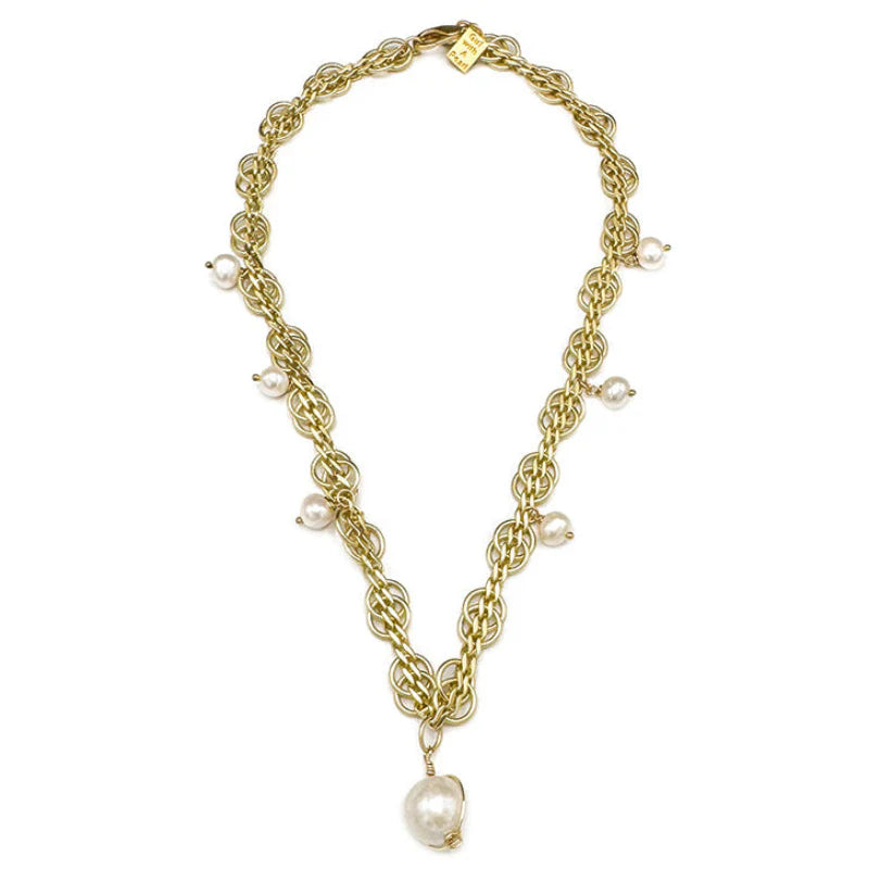 Matte Gold Curb Chain with Round Links & Pearl Drop
