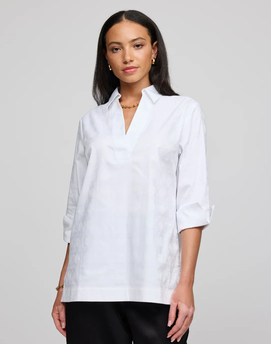 3/4 Sleeve Vicky Tunic - Small / White Lattice Jacquard - Tops-Woven/Blouses