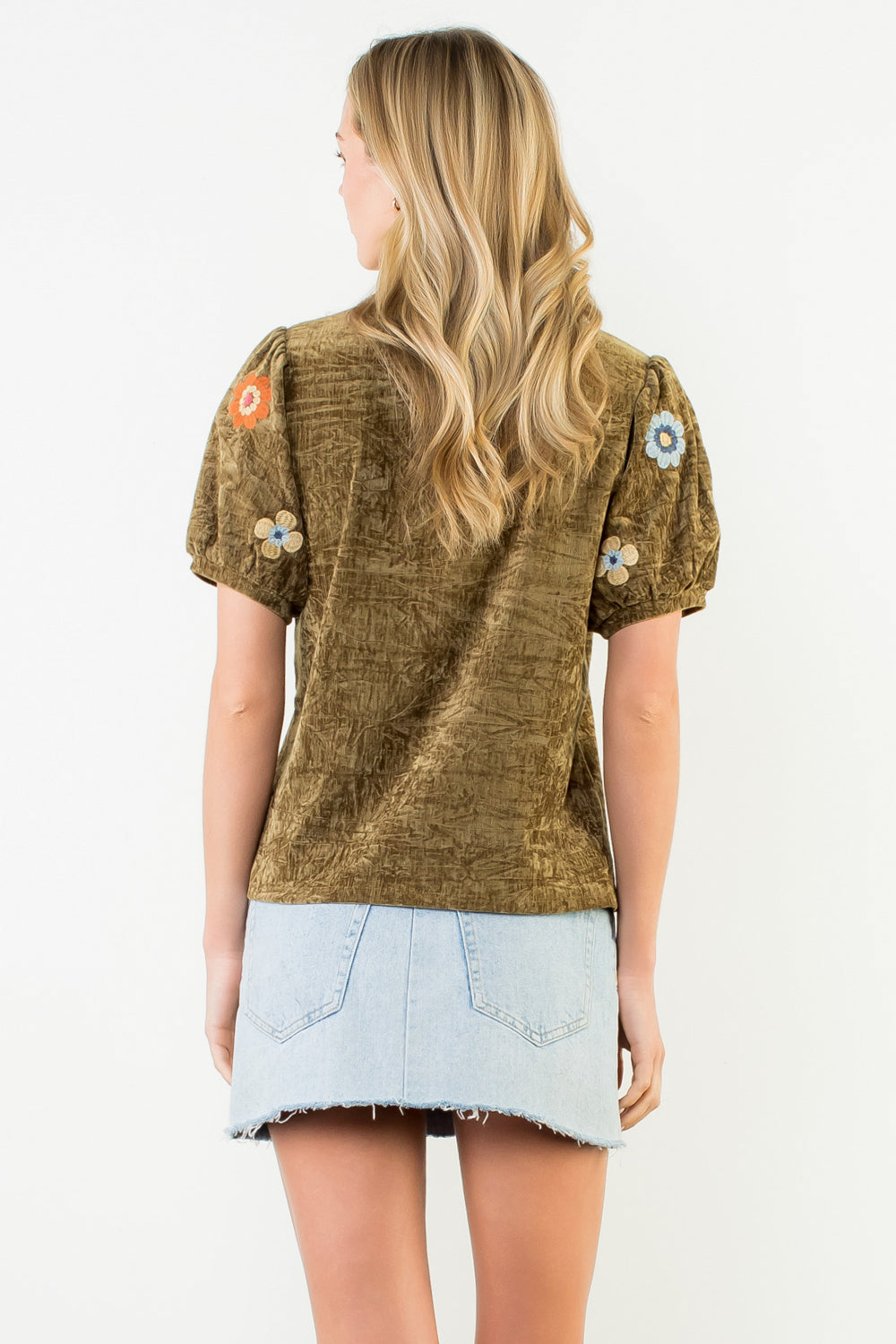 Velvet Embroidered Puff Sleeve Blouse