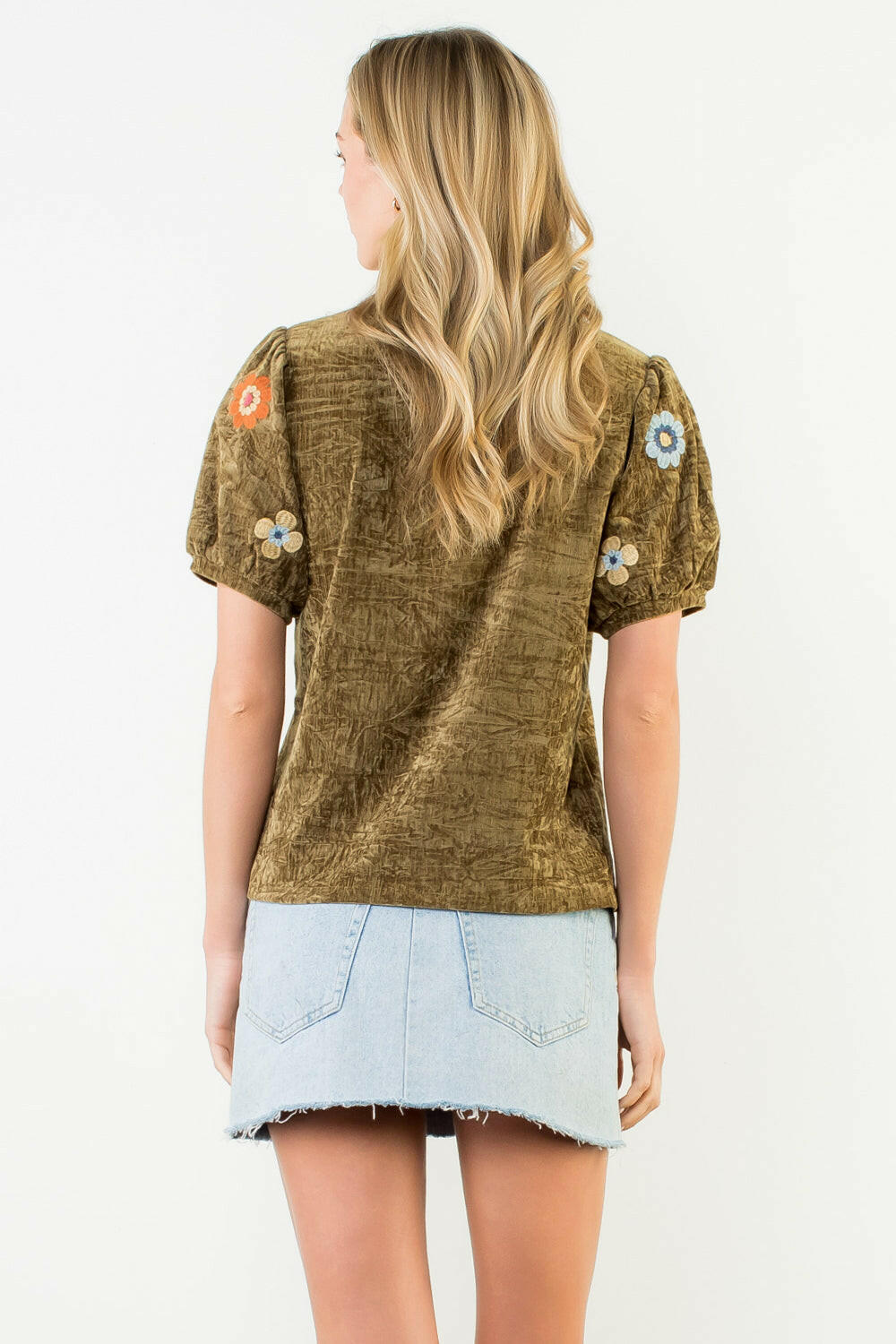 Velvet Embroidered Puff Sleeve Blouse.