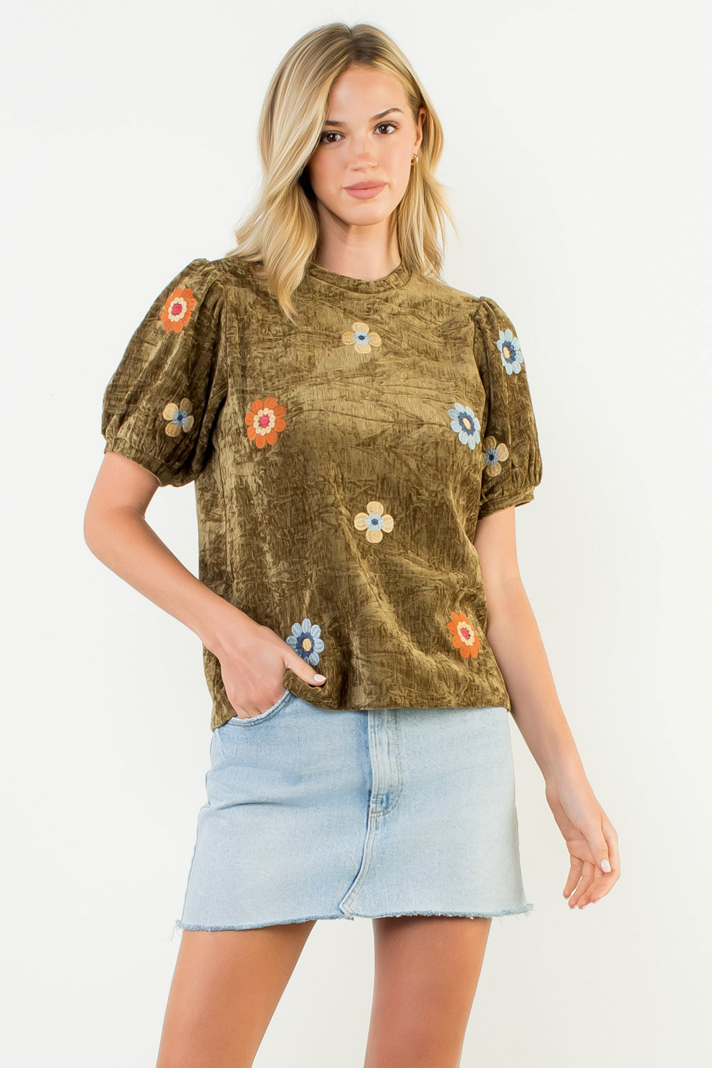 Velvet Embroidered Puff Sleeve Blouse