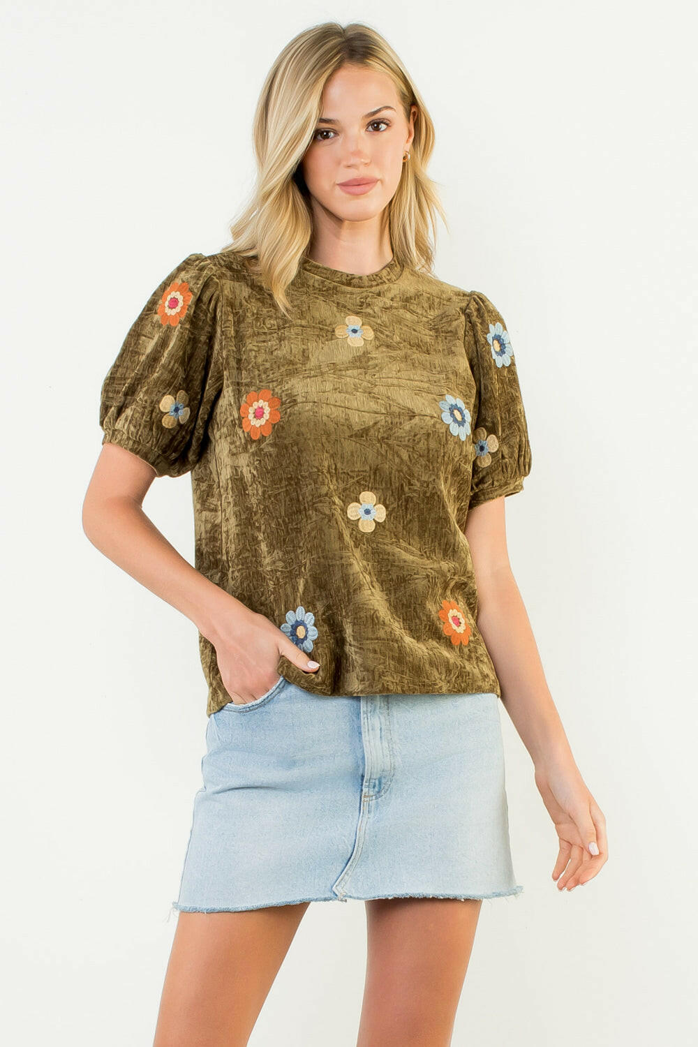 Velvet Embroidered Puff Sleeve Blouse.