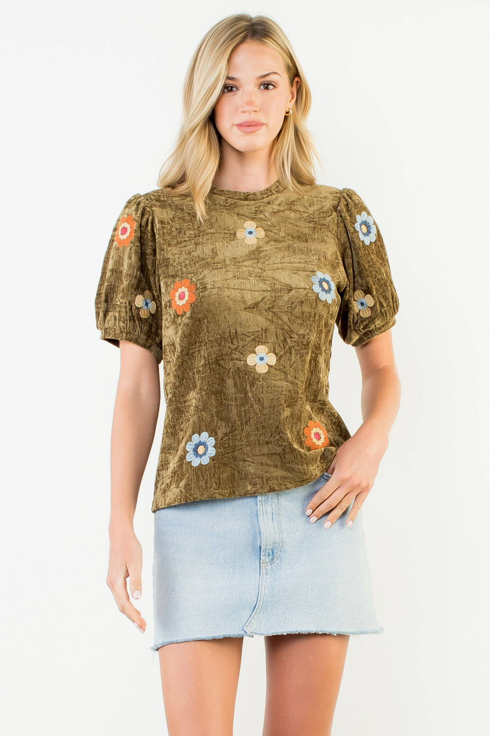 Velvet Embroidered Puff Sleeve Blouse