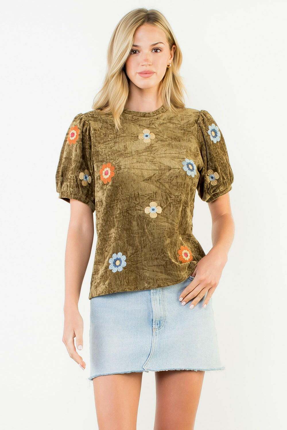 Velvet Embroidered Puff Sleeve Blouse.