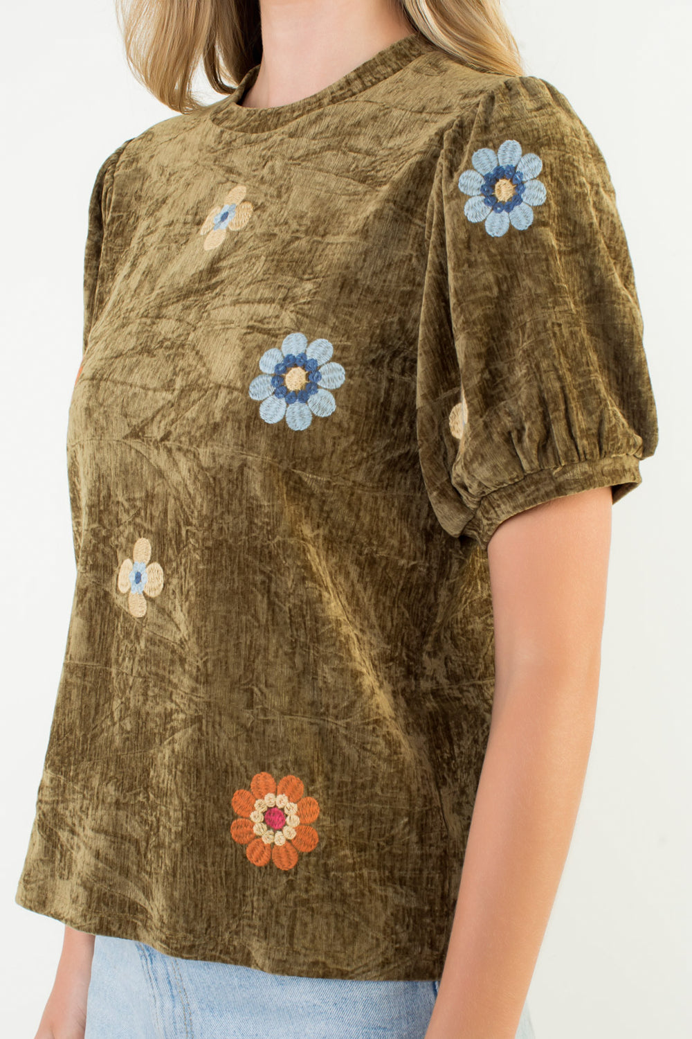 Velvet Embroidered Puff Sleeve Blouse