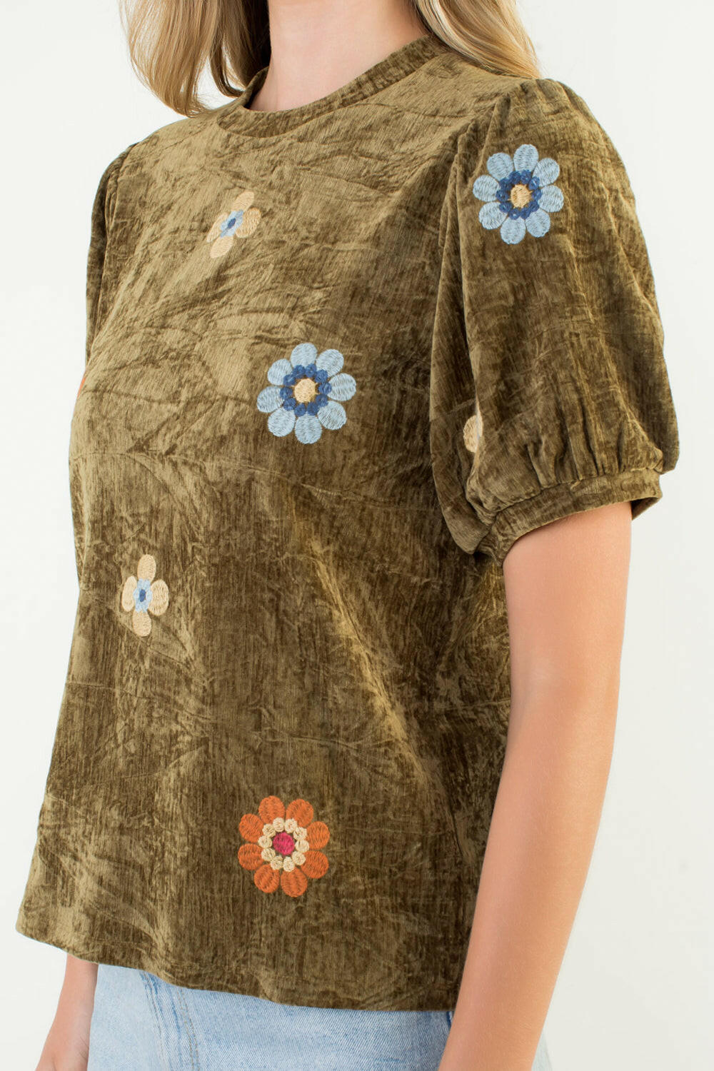 Velvet Embroidered Puff Sleeve Blouse.