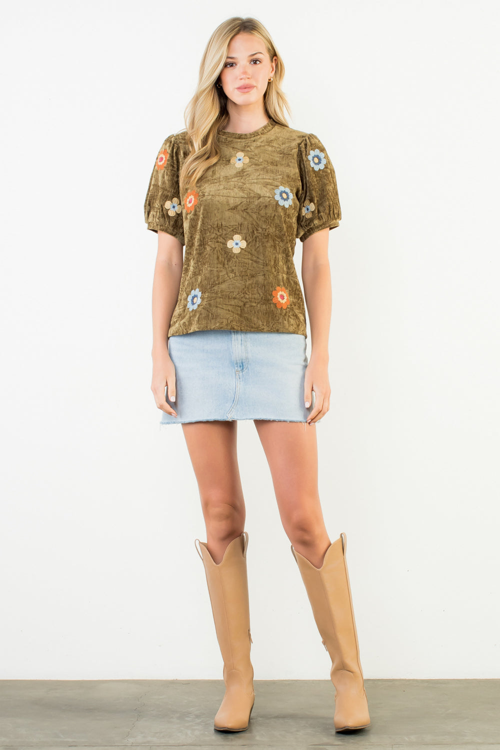 Velvet Embroidered Puff Sleeve Blouse