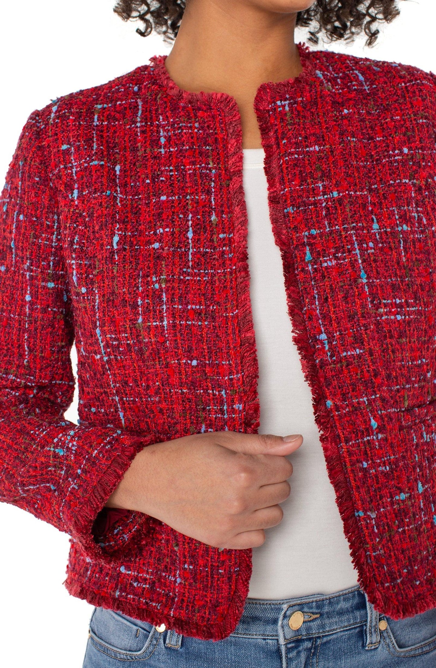 Collarless Jacket with Frayed Edges