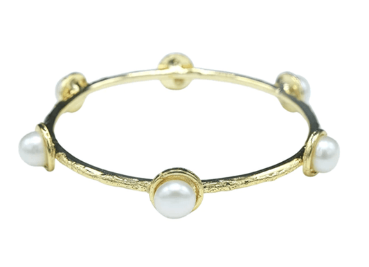 Pearl Hammered Gold Bangle with 6 Pearls - The French Shoppe