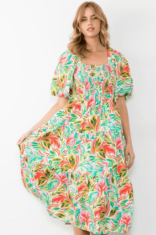 Puff Sleeve Tiered Print Dress - The French Shoppe