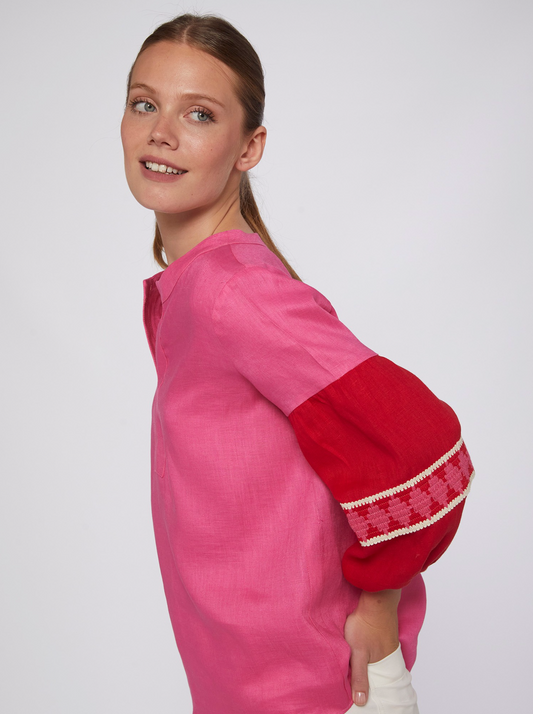 Kaya Linen Blouse in Pink and Red - The French Shoppe