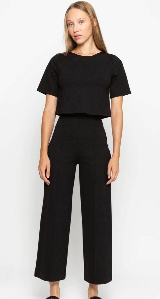 Ponte Knit Wide Leg Pant Cropped in Black - The French Shoppe
