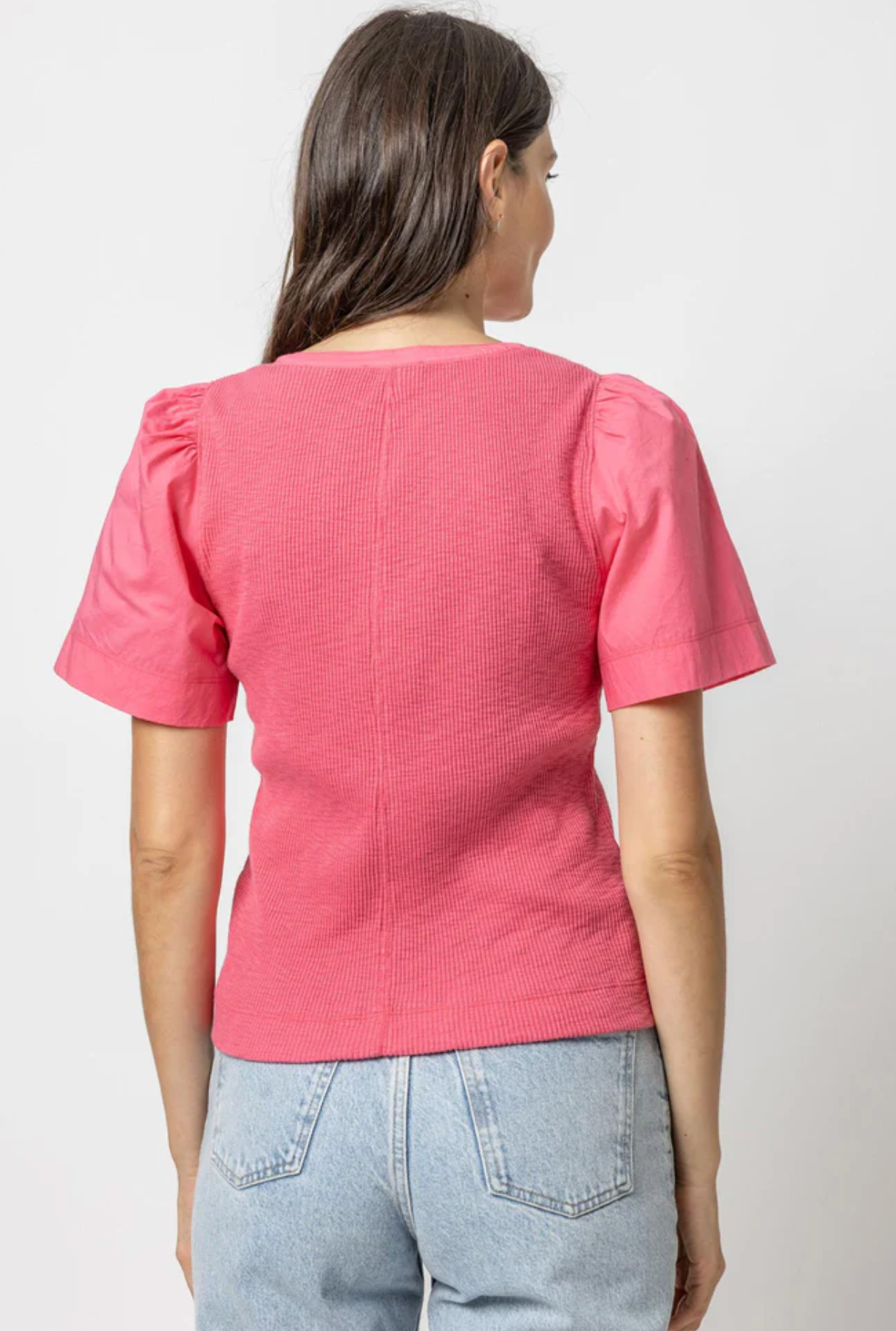 Woven Sleeve Split Neck Top in Rosebud - The French Shoppe