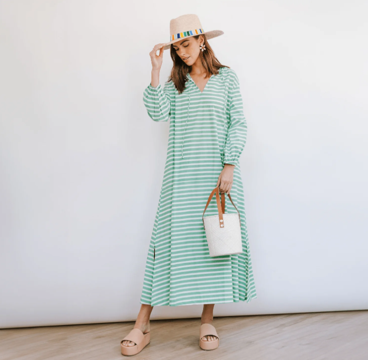 Sienna Dress in Spring Green Stripe - The French Shoppe