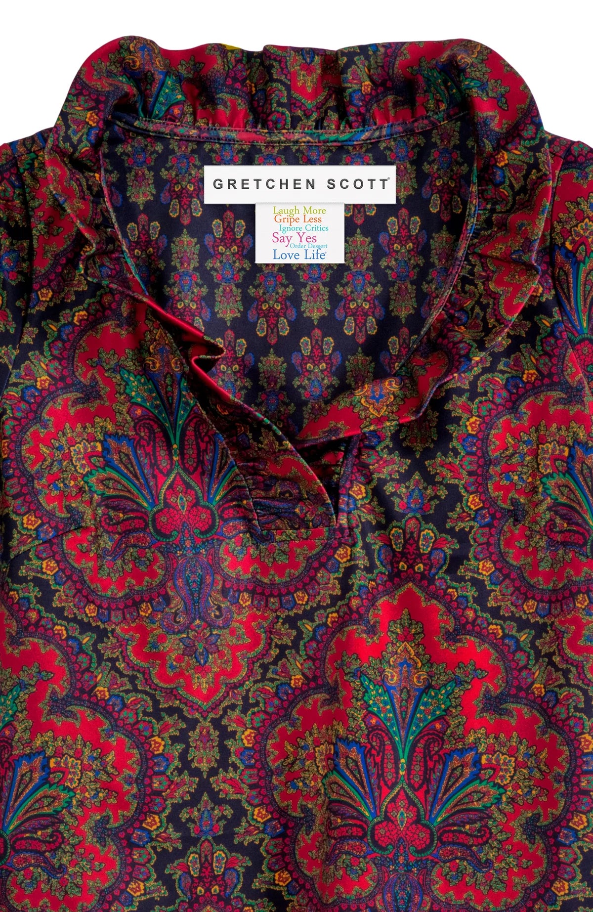 Ruffneck Top with 3/4 Sleeve in Black Paisley.