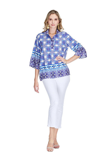 Blue Damask Blouse - Tops-Novelty/Cut & Sewn