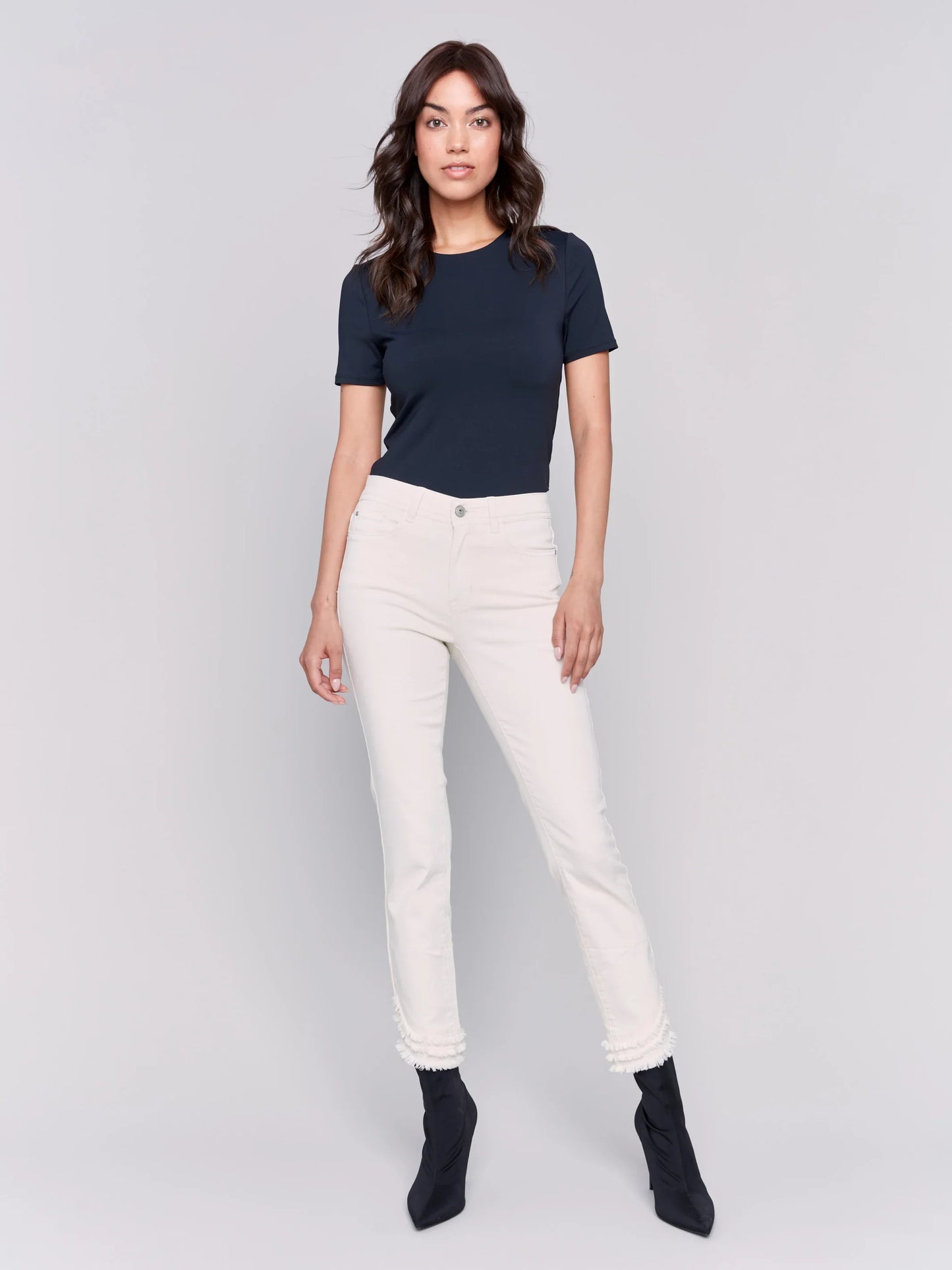 Frayed Hem Denim Pants - Denim