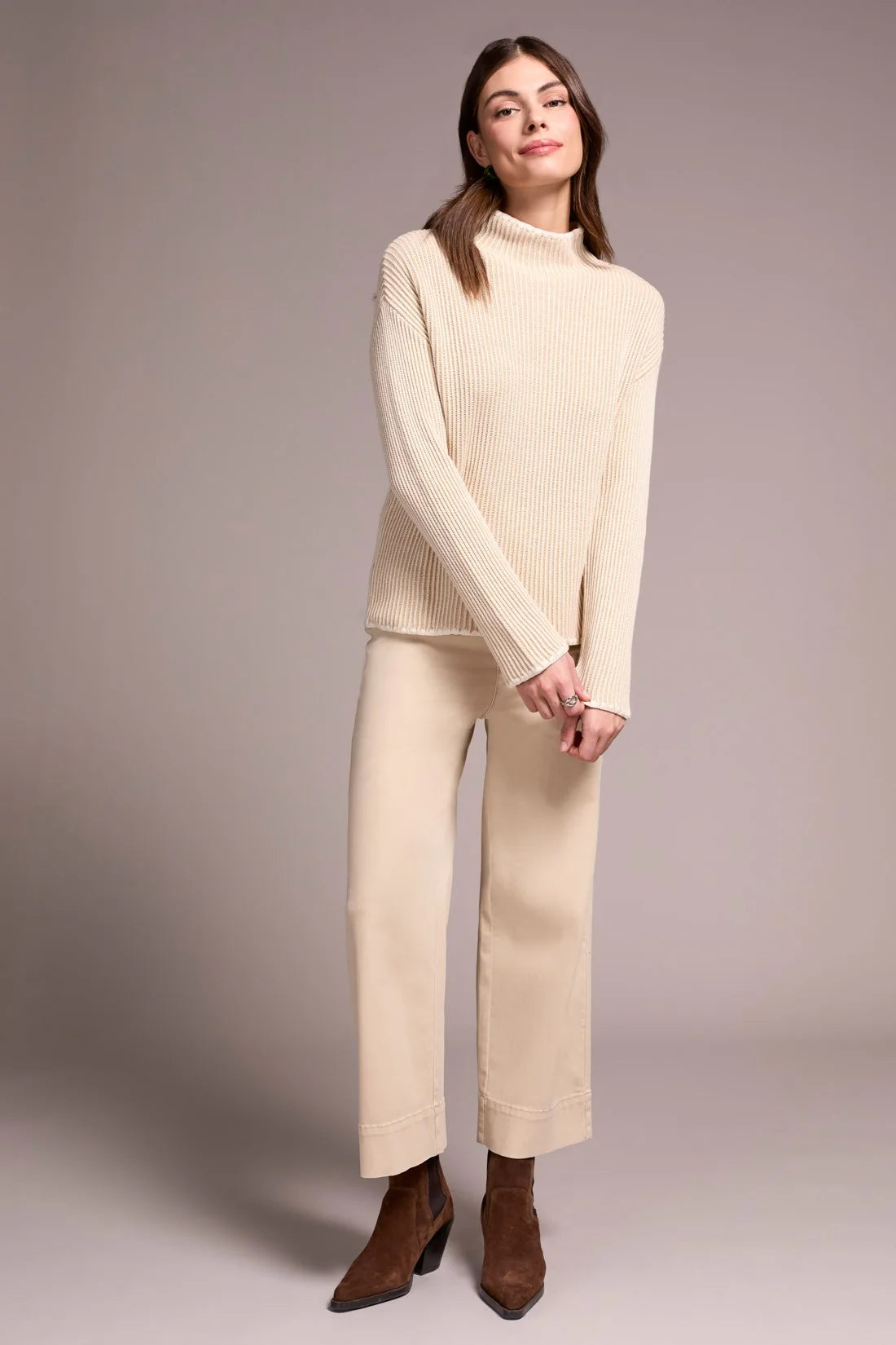 Combed Cotton Two-Tone Rib Funnel Neck Sweater