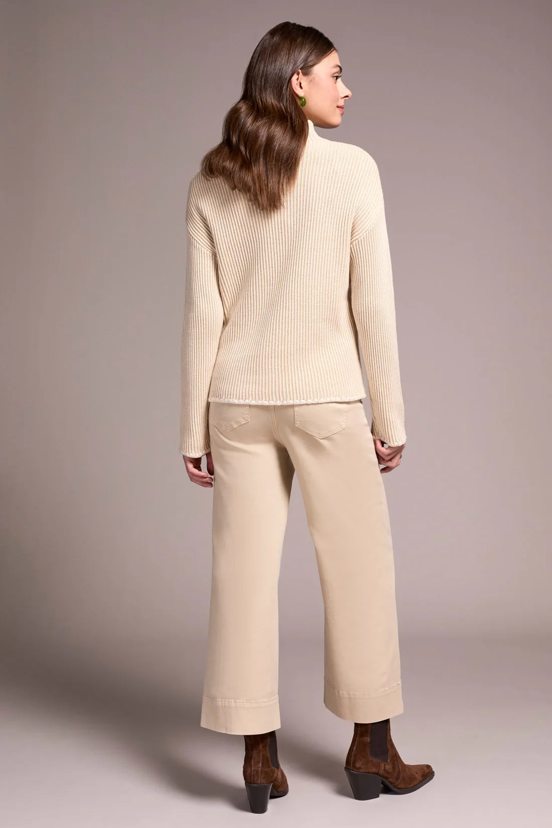 Combed Cotton Two-Tone Rib Funnel Neck Sweater