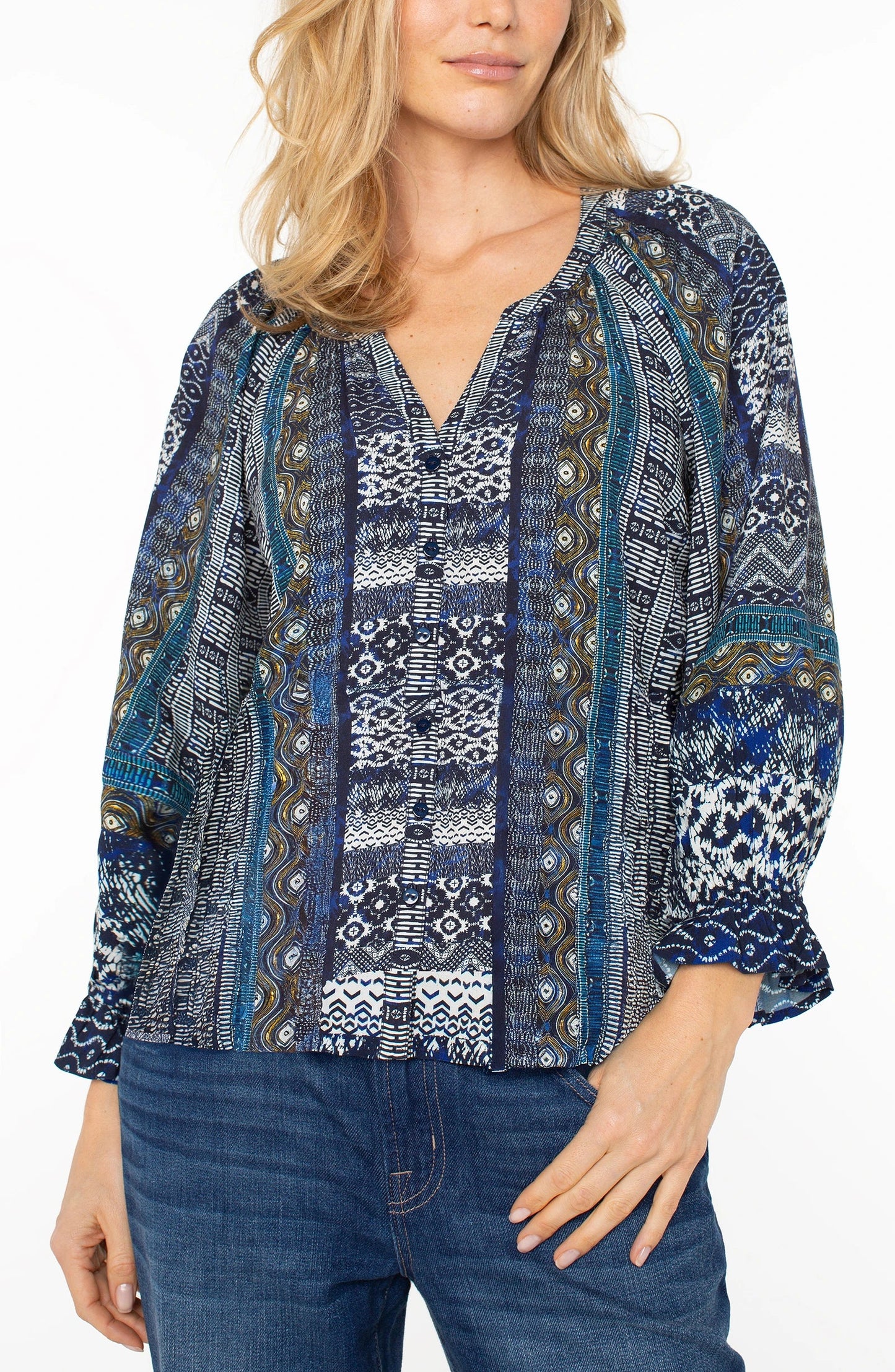 3/4 Sleeve Button Front Woven Blouse