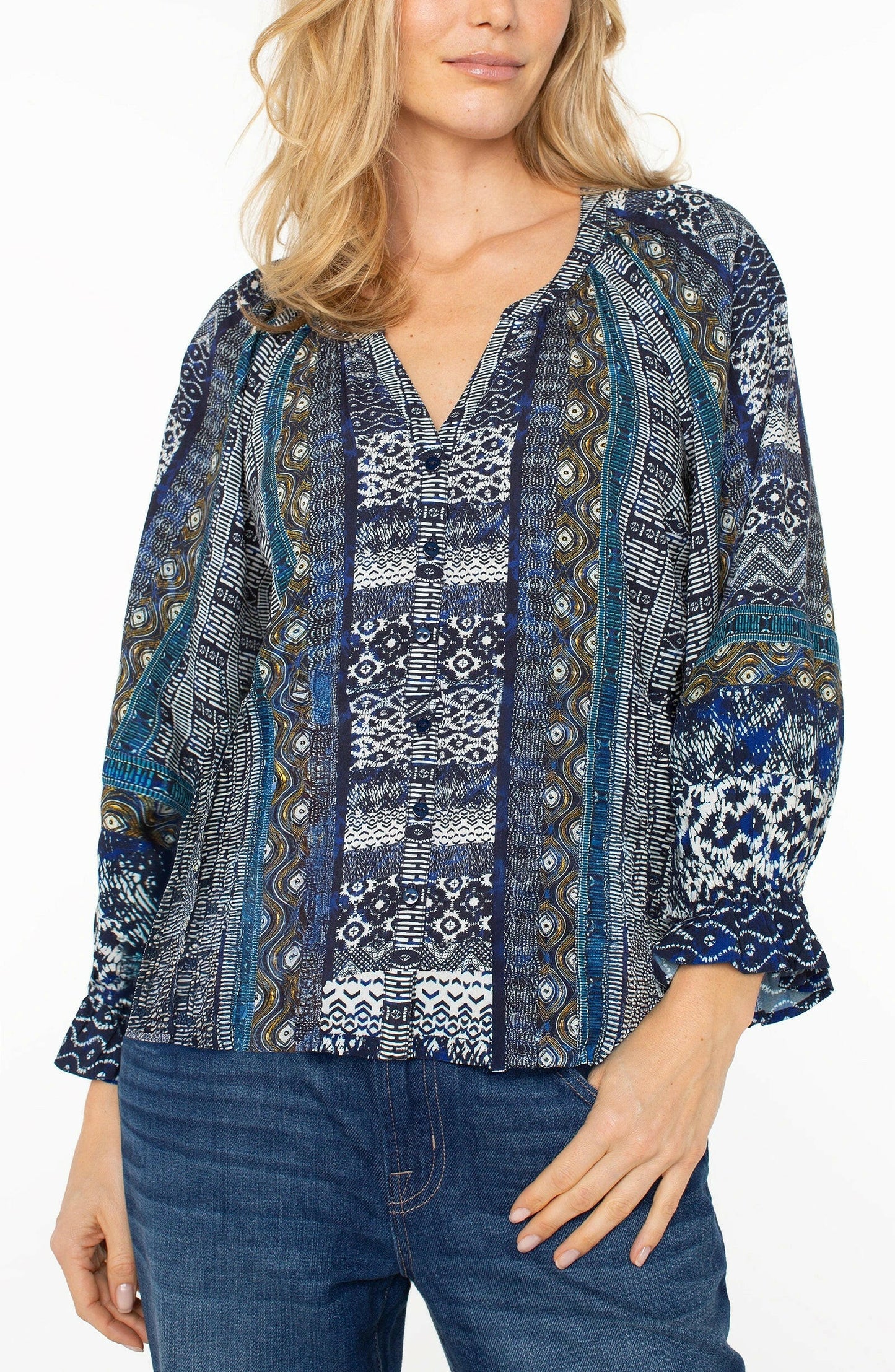 3/4 Sleeve Button Front Woven Blouse.