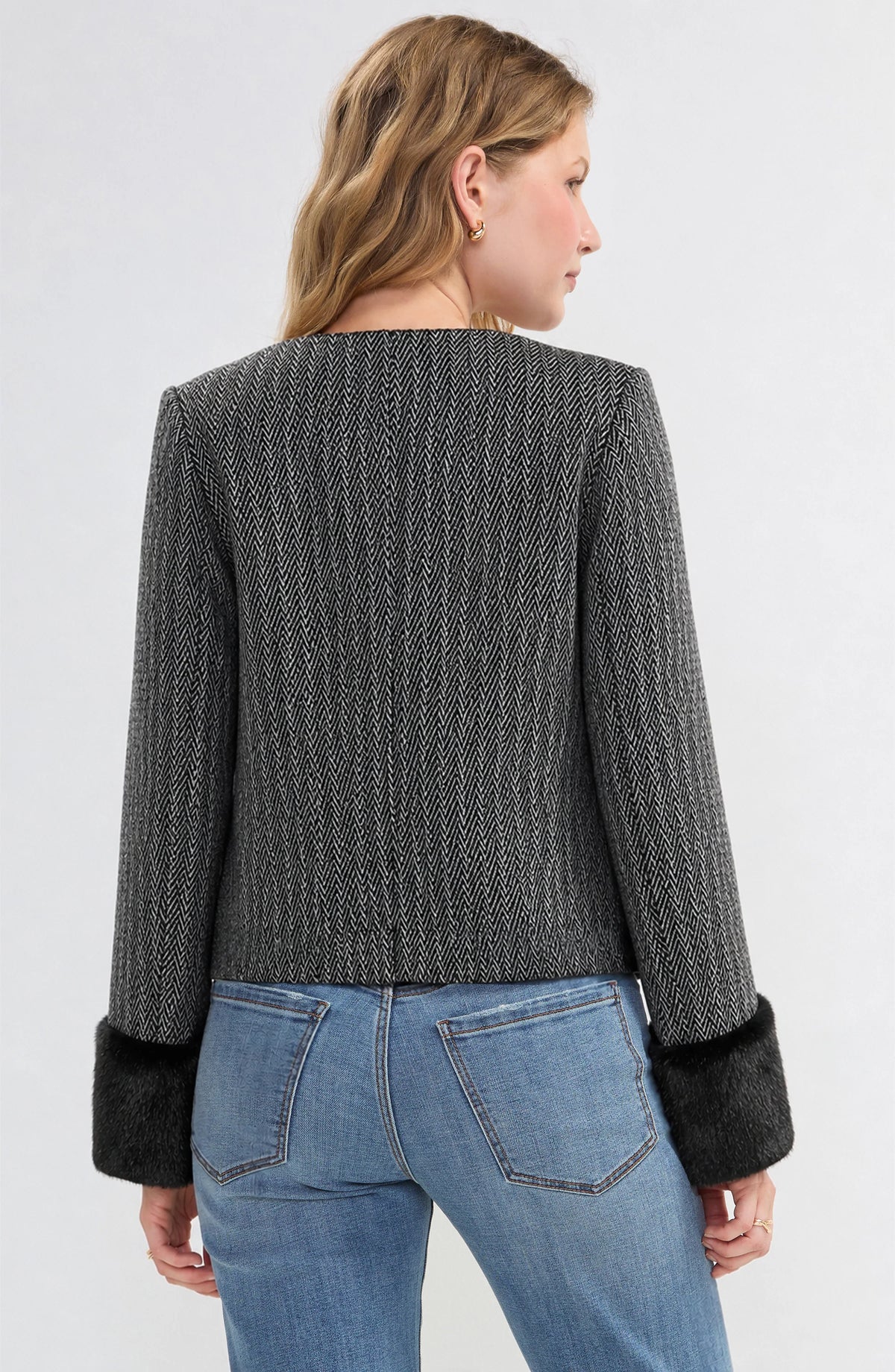 Collarless Lady Jacket with Faux Fur Cuff