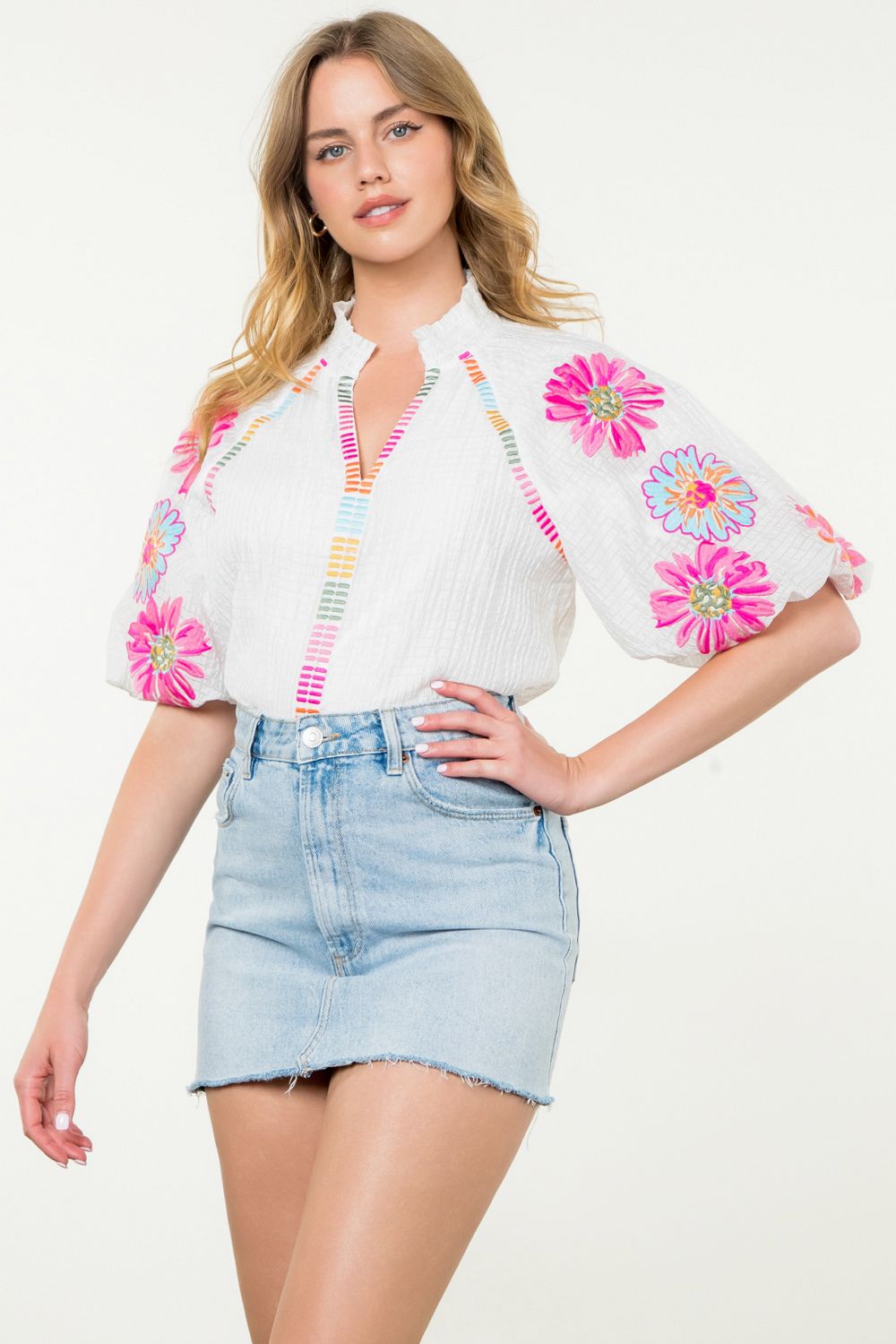 White Embroidered Puff Sleeve Blouse - Tops-Novelty/Cut & Sewn