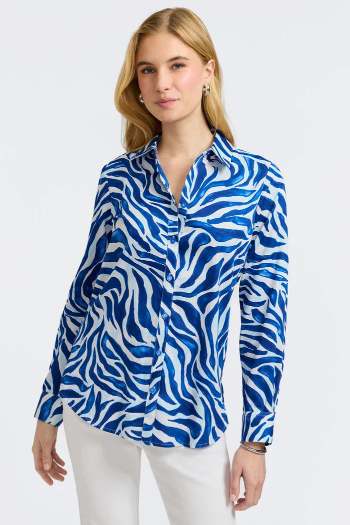 Zoey Long Sleeve Zebra Shirt - 4 / Blue/White - Tops-Woven/Blouses