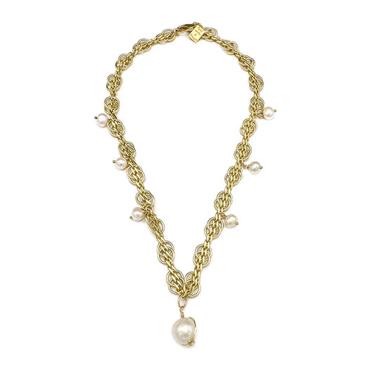 Matte Gold Curb Chain with round links & pearl drop