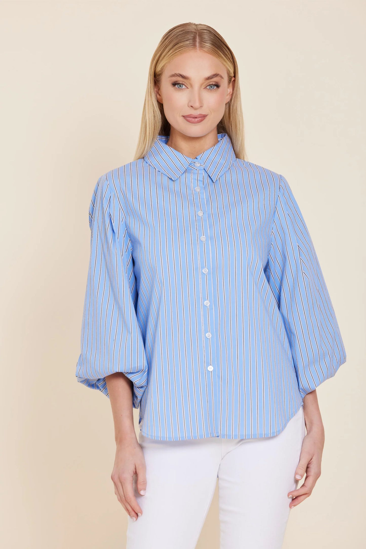 Poplin Striped Exaggerated Sleeve Top