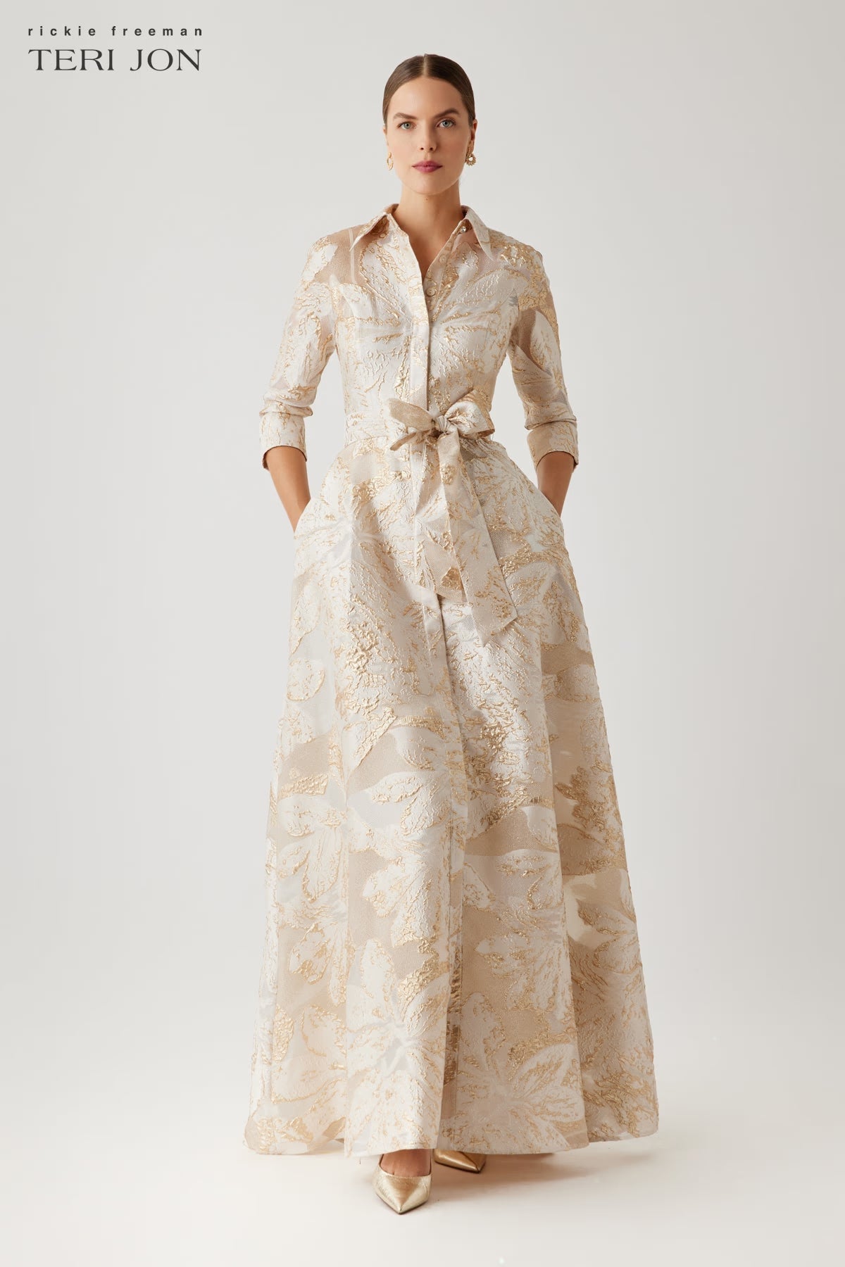 Metallic Burn Out Jacquard Shirt Waist Gown.