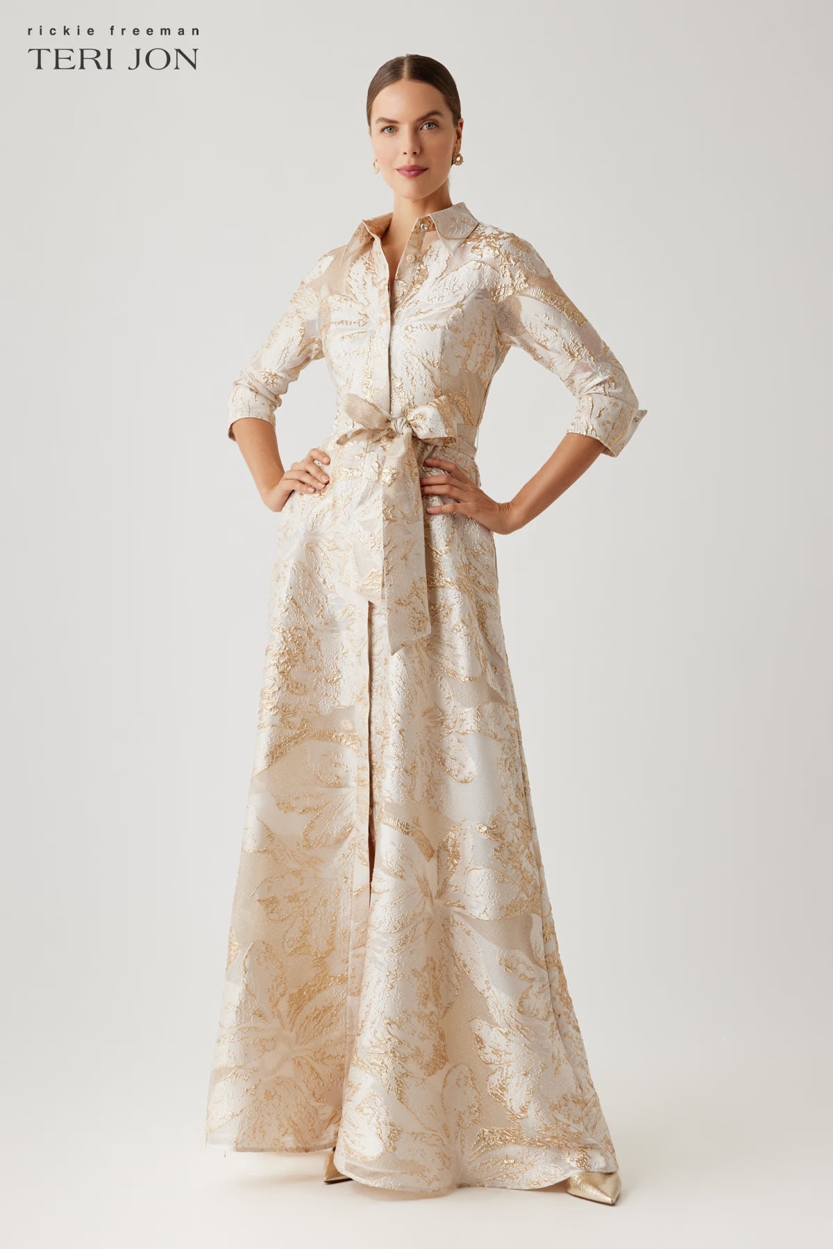 Metallic Burn Out Jacquard Shirt Waist Gown.