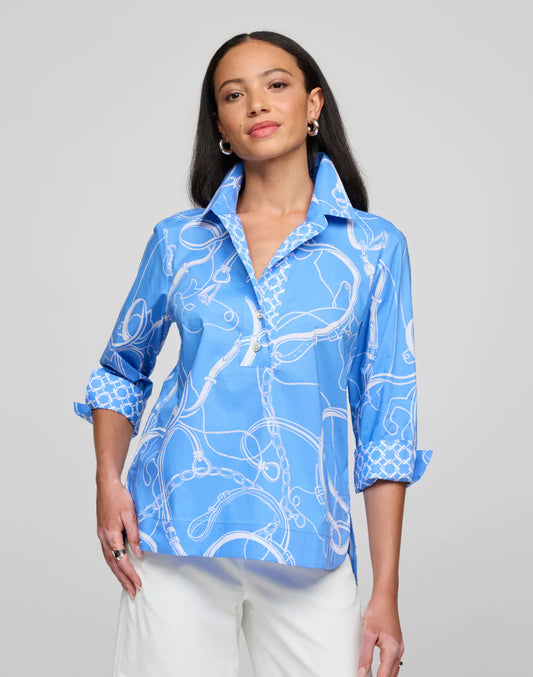 3/4 Sleeve Aileen Blouse - Small / Cerulean/White Equestrian print - Tops-Woven/Blouses