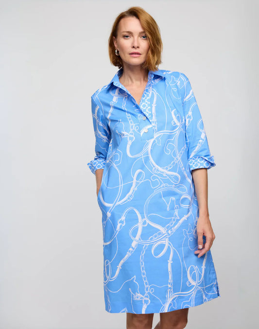 3/4 Sleeve Charlotte Dress - Small / Cerulean/White Equestrian Print - Dress