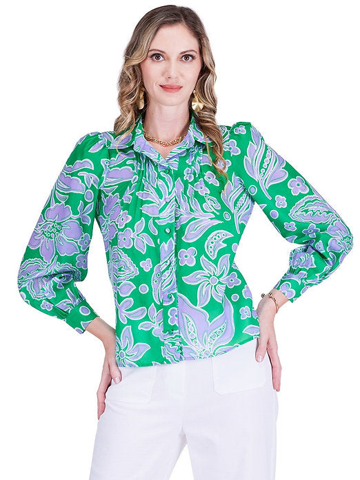 Pleated Blouse in Green Petals