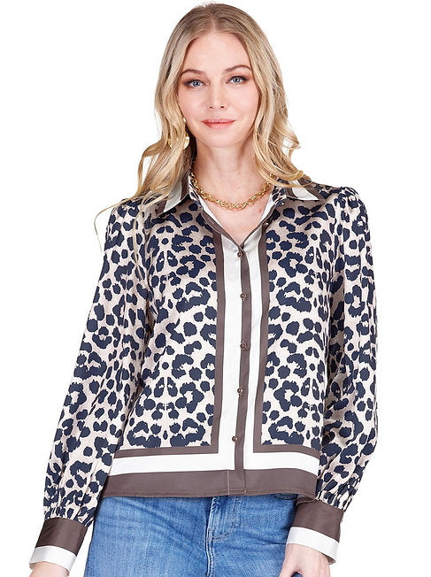 Leopard Boarder Puff Sleeve Blouse