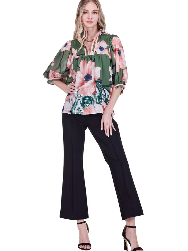 Olive Stand Collar Puff Sleeve Top