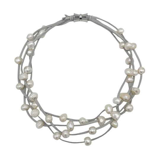 Fawn Suede 4 Strand White Pearl Necklace