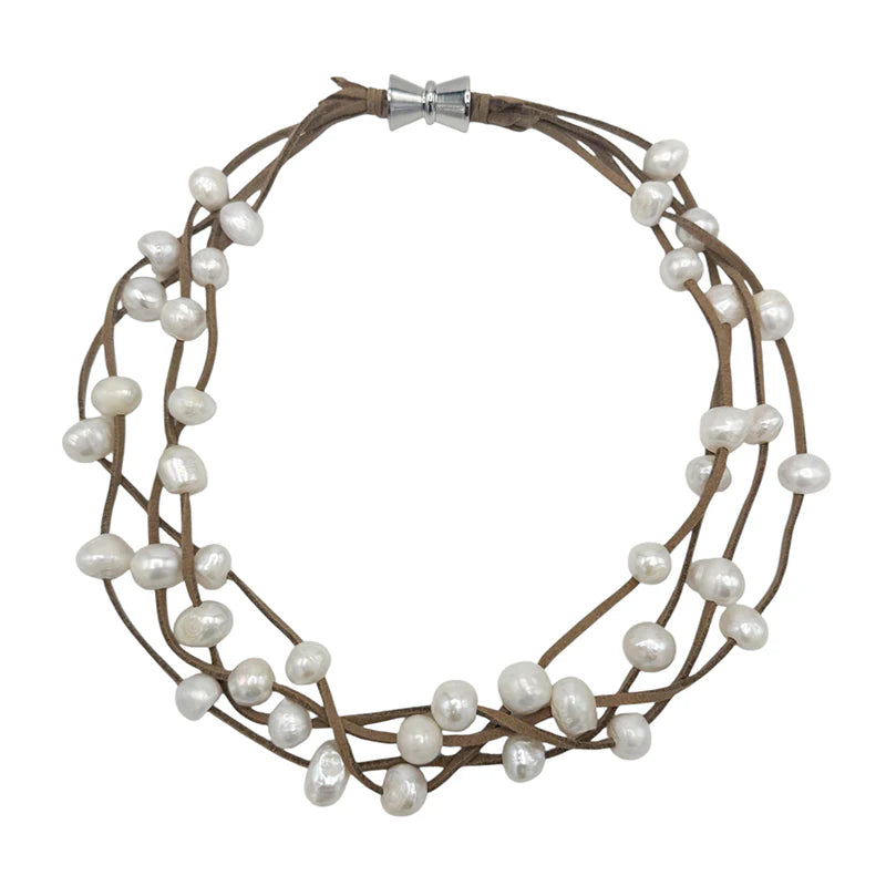 Tan Suede 4-Strand White Pearl Necklace