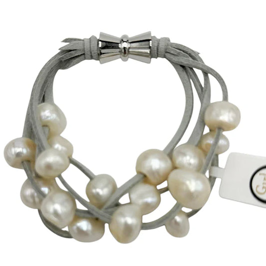 Fawn Suede 4 Strand White Pearl Bracelet