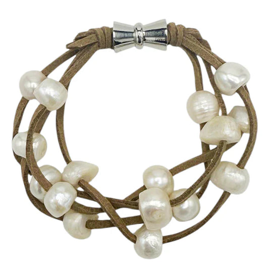 Tan Suede 4 Strand White Pearl Bracelet