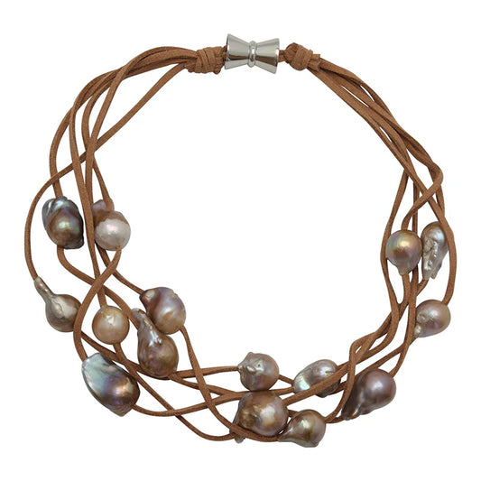 5 Strand of Pearls on Suede Multi/Tan Necklace - The French Shoppe