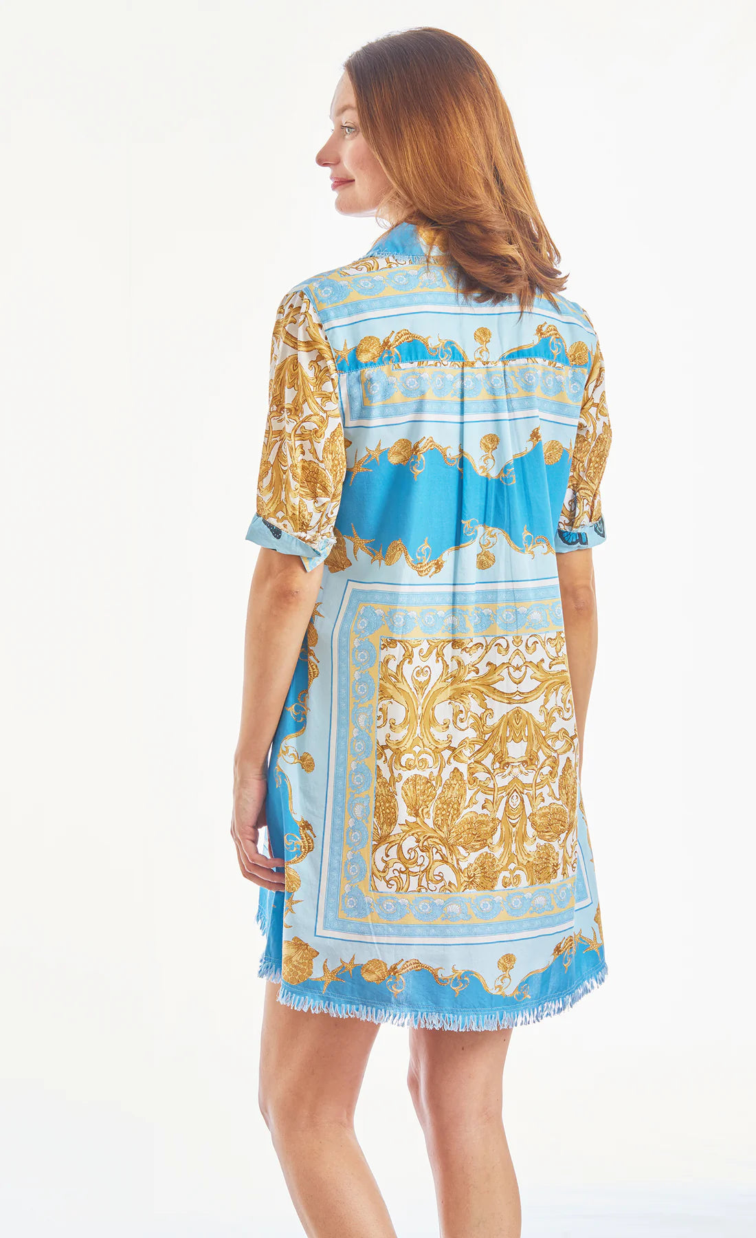 Chatham Easy A-Line Dress with Fringe in Blue Scroll - The French Shoppe