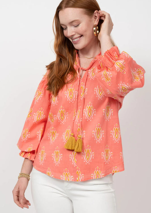 Ikat Blouson Sleeve Top in Coral - The French Shoppe