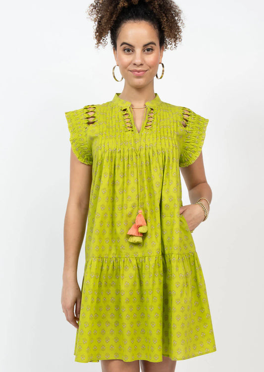 Lattice Trim Dress in Lime