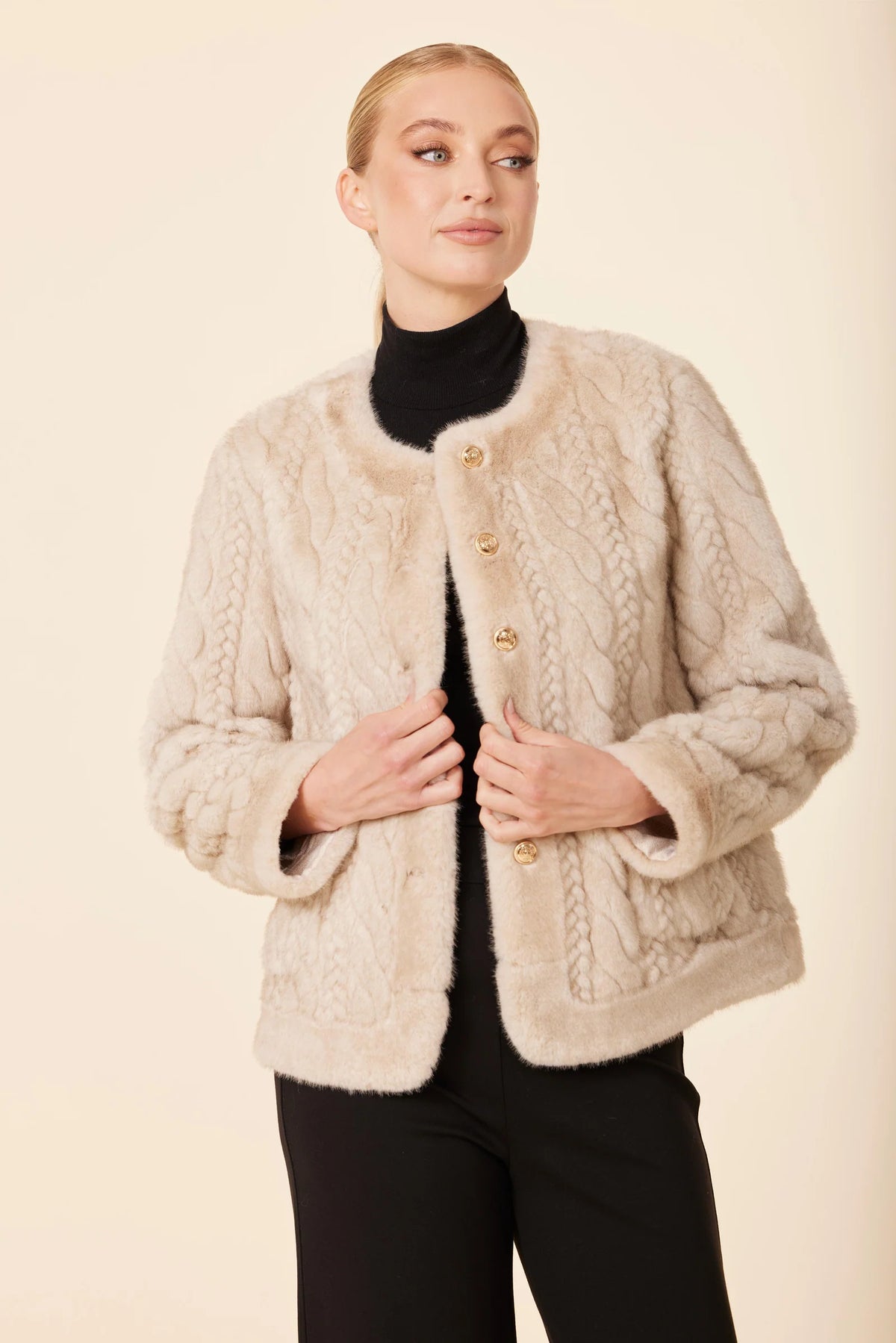 Faux Fur Cable Knit Design Jacket