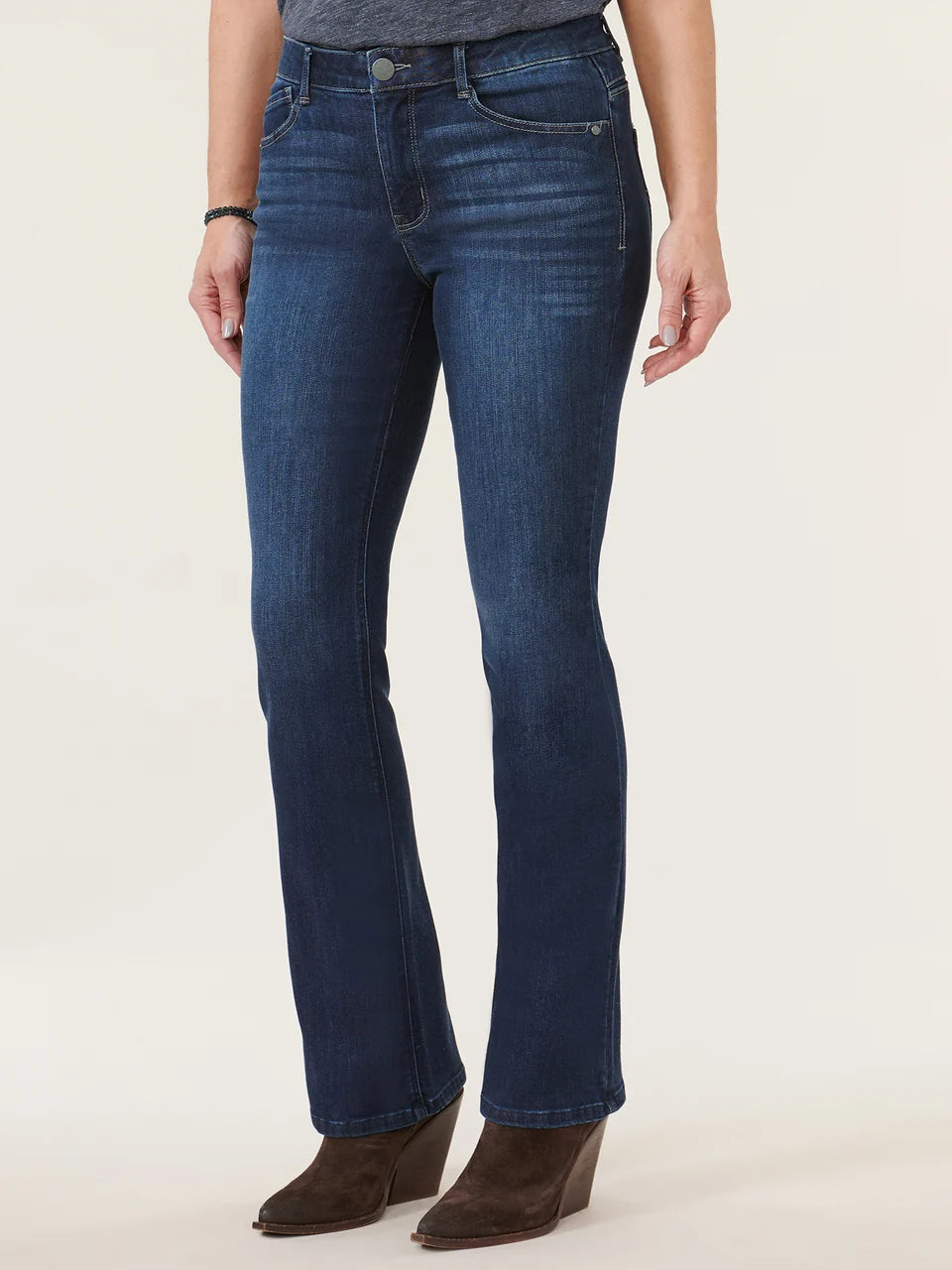 "Ab"solution® High Rise Embroidered Indigo Itty Bitty Boot Jean