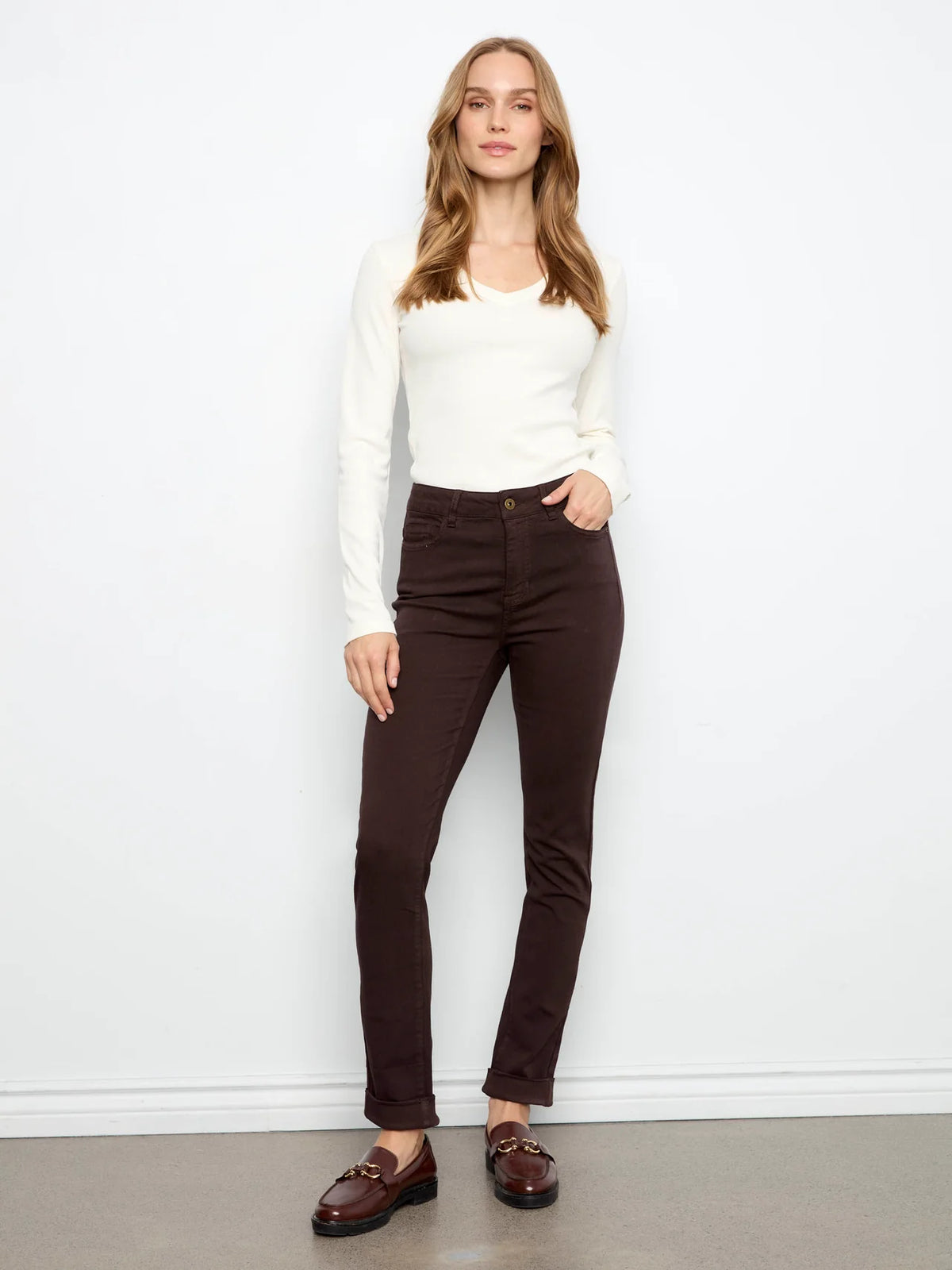 Cuffed Hem Twill Jeans in Coffee